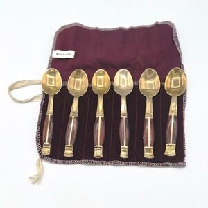 Vintage Thailand Gold Spoons Set of 6‎ Wood Handle with Velvet Case